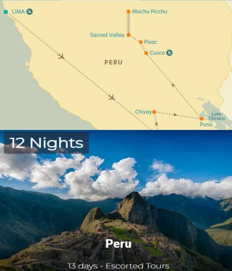 Featured Map of 13 day tour of Peru Lima, Arequipa, Puno, Cusco, Machu Picchu