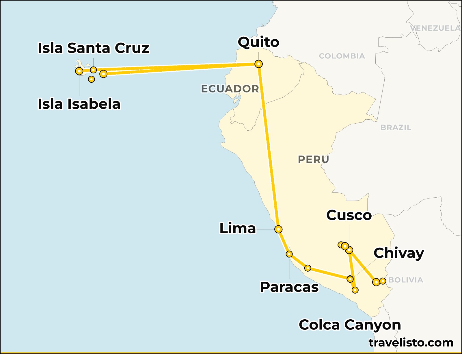 Route map of the 30-day Peru & Galapagos Explorer tour, tracing the journey from Lima south to Paracas, Nazca, Arequipa, Colca Canyon, Lake Titicaca and Cusco, then to Machu Picchu and the Peruvian Amazon, then on to Quito and the Galapagos islands of San Cristobal, Floreana, Isabela and Santa Cruz.